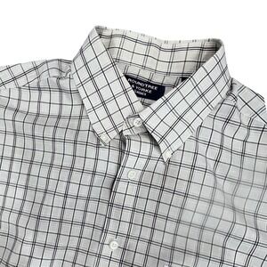 Roundtree & Yorke Button Down Shirt Mens XL Tan Brown Grid Check Office Workwear